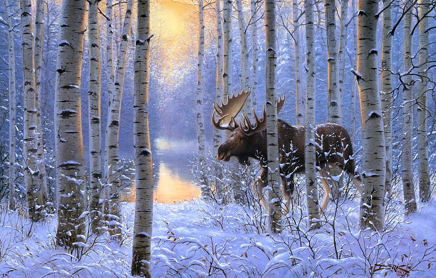 winter, forest, animals, snow, painting, moose, On the Move, Derk Hansen , section живопись, moose winter HD wallpaper