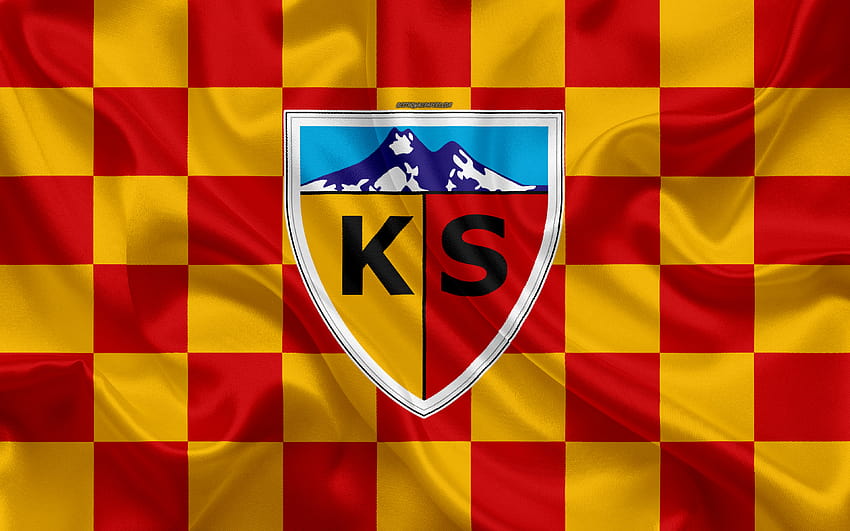 Kayserispor, logo, art créatif, drapeau à damier jaune rouge, club de football turc, emblème, texture de soie, Kayseri, Turquie avec résolution 3840x2400. Haute qualité Fond d'écran HD