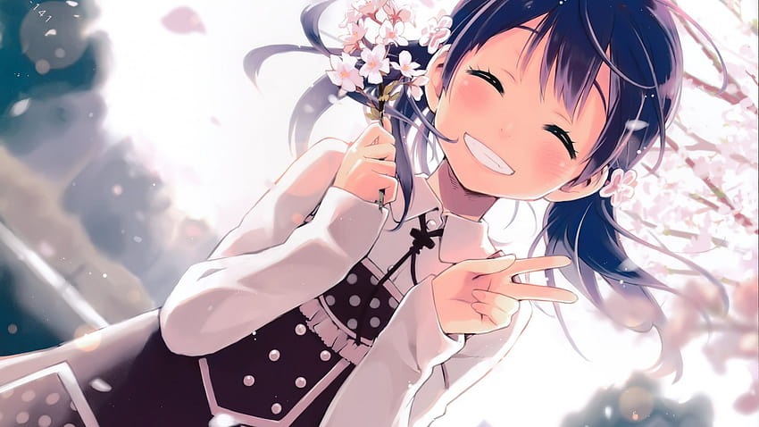  0x1 Anime Girl, sonriente, ojos cerrados, flores, girl smile anime, Fondo de pantalla HD