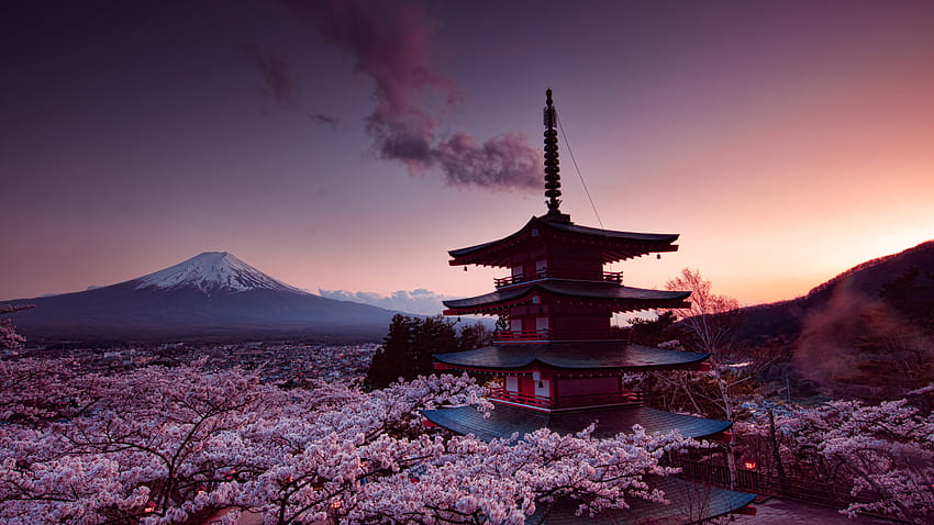 Churei Tower Mount Fuji In Japan, mount fuji purple HD wallpaper