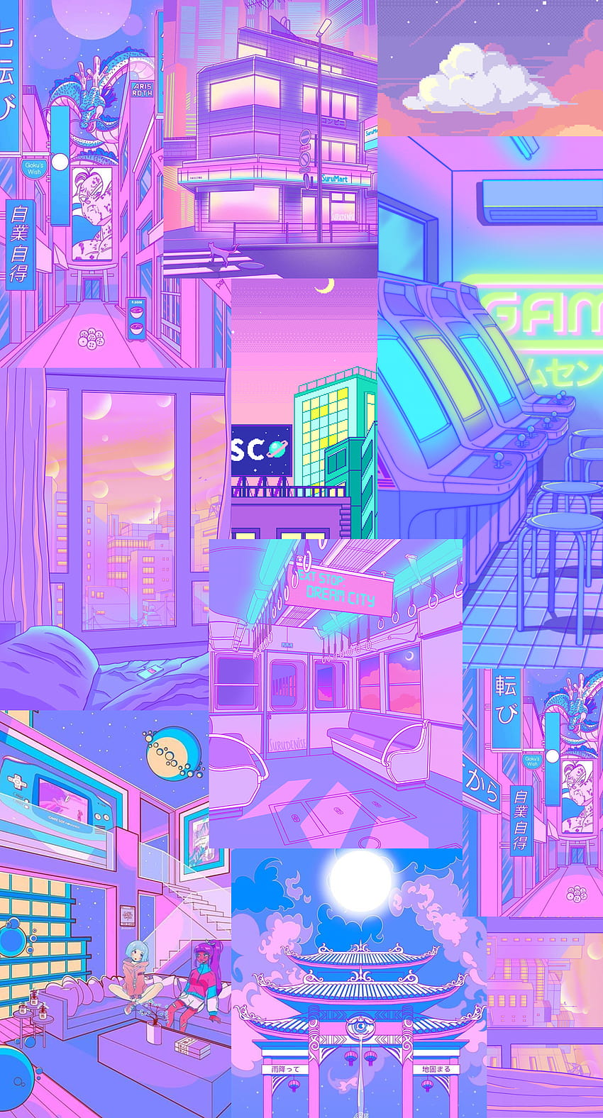 süße ästhetische Retro-Anime-Collage in Blau und Pink und Lila HD-Handy-Hintergrundbild