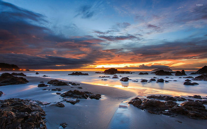 6 Rocky Beach Sunset, rocky shore HD wallpaper