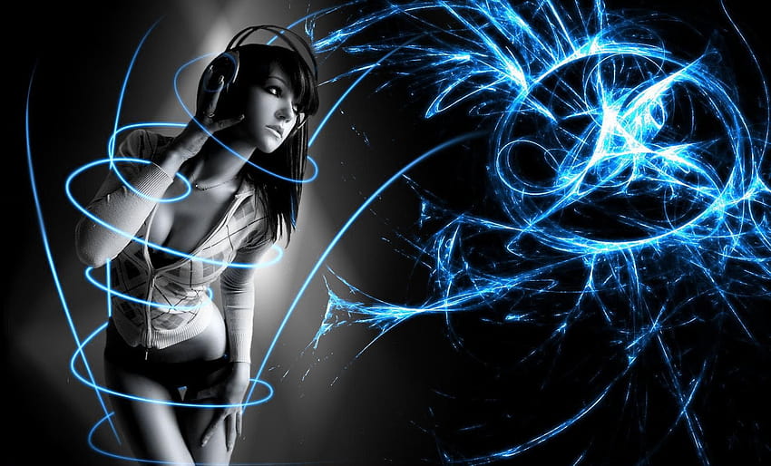 Chica con auriculares, auriculares azules fondo de pantalla