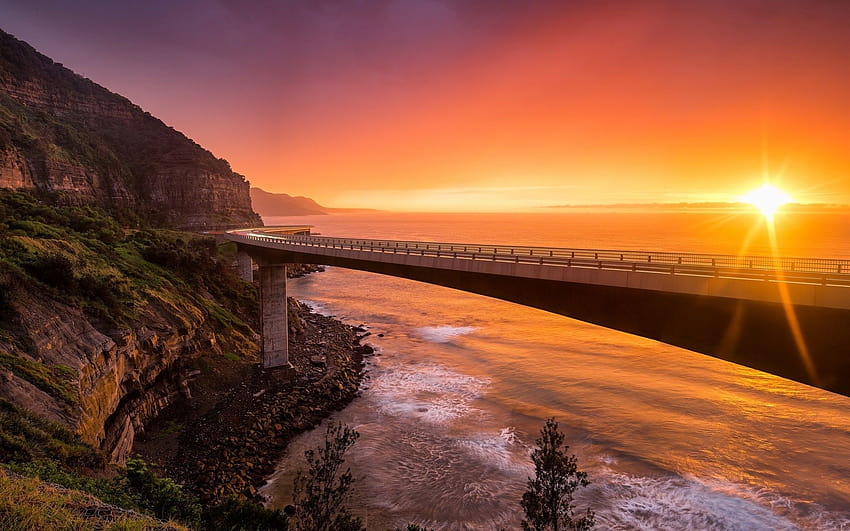 Sea Cliff Bridge, NSW Australia, sunset, mountains, sea, cliffs at sunset HD wallpaper
