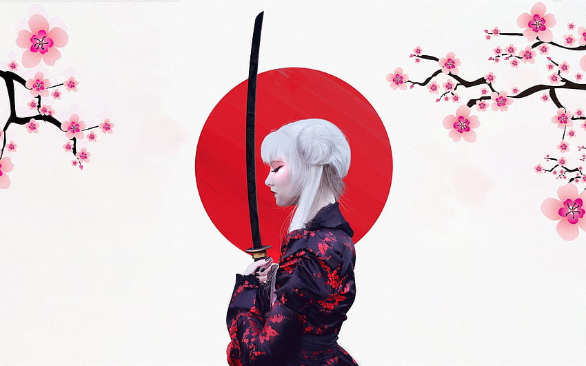 日本の女の子、着物、桜、刀、アート 2560x1600 、日本の芸術の女の子 高画質の壁紙