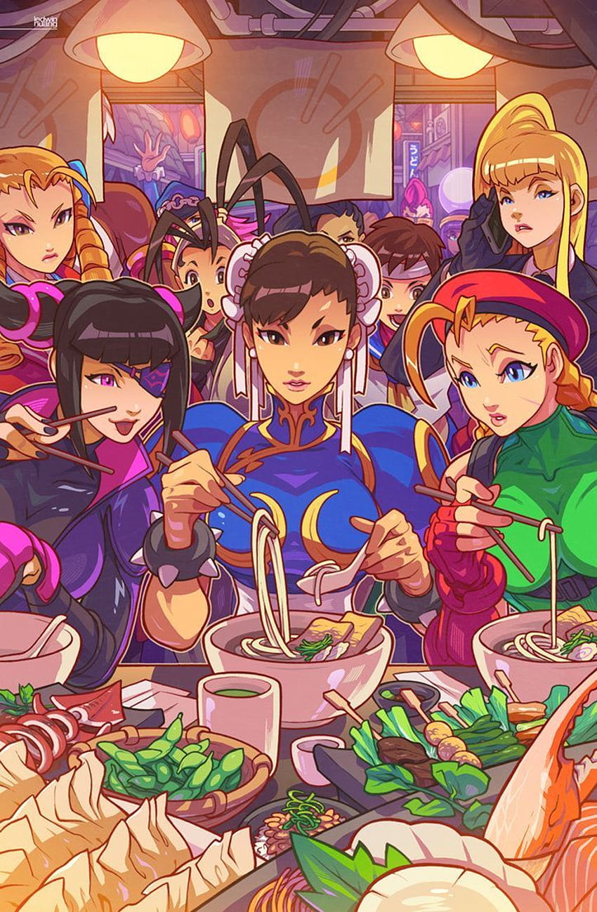 Ето илюстрация на момичетата от Street Fighter, които ядат Udon Преначертаване на по-стара илюстрация…, момичета от Street Fighter HD тапет за телефон