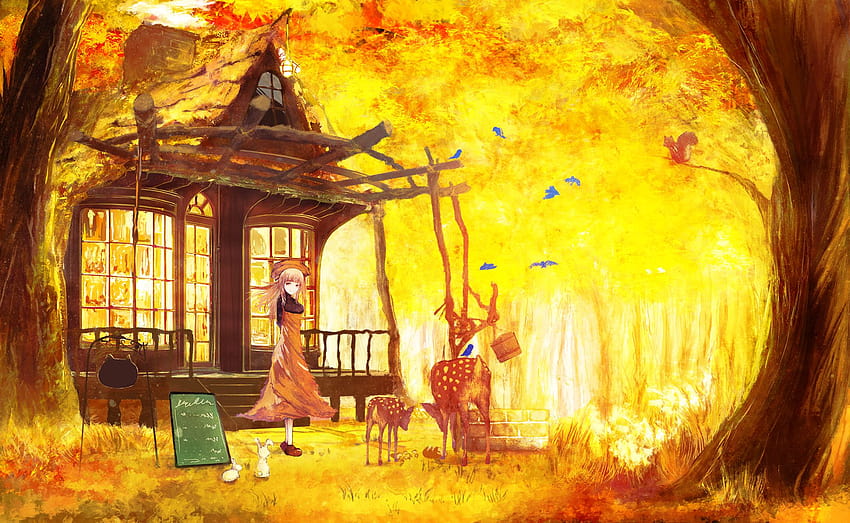 animal apron autumn bird blonde hair building bunny grass leaves, yellow anime HD wallpaper