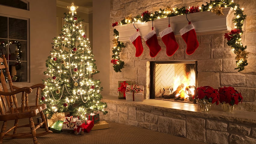 Christmas fireplace in a cozy room, fireplace scene computer HD wallpaper