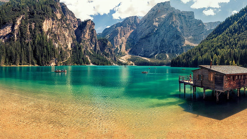 Pragser Wildsee nos Alpes, lago di braies itália papel de parede HD