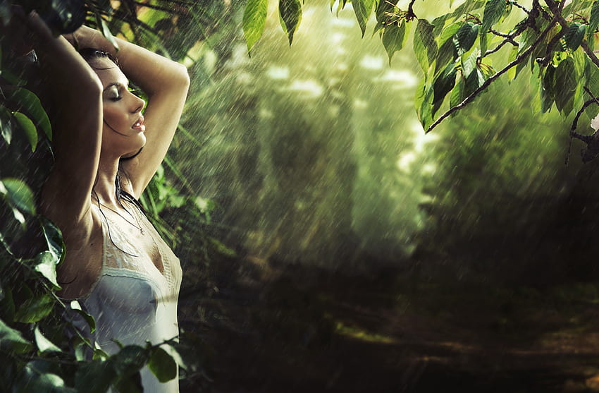 women, rain, jungle, wet, girls in nature, wet clothing, wet hair ::, women at jungle HD wallpaper
