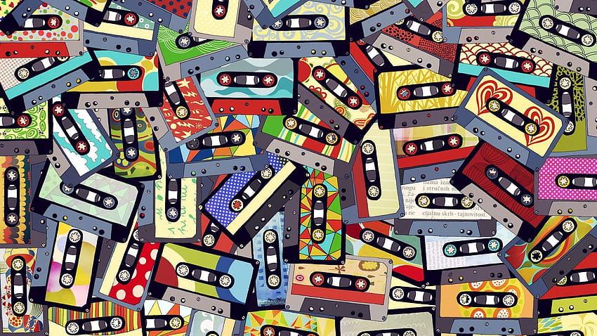 1366x768 audio cassettes, collage, colorful, laptop collage HD wallpaper