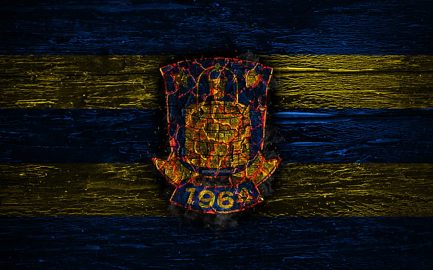 Brondby FC, fire logo, Danish Superliga, blue and yellow lines, Danish football club, Brondby IF, grunge, football, soccer, Brondby logo, wooden texture, Denmark with resolution 2880x1800. High Quality HD wallpaper