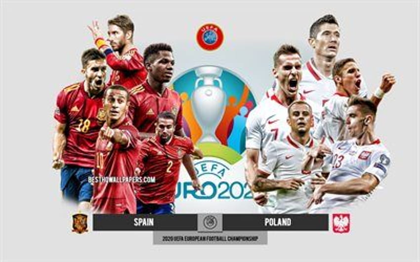 Spanien gegen Polen, UEFA Euro 2020, Vorschau, Werbematerialien, Fußballspieler, Euro 2020, Fußballspiel, spanische Fußballnationalmannschaft, polnische Fußballnationalmannschaft. HD-Hintergrundbild