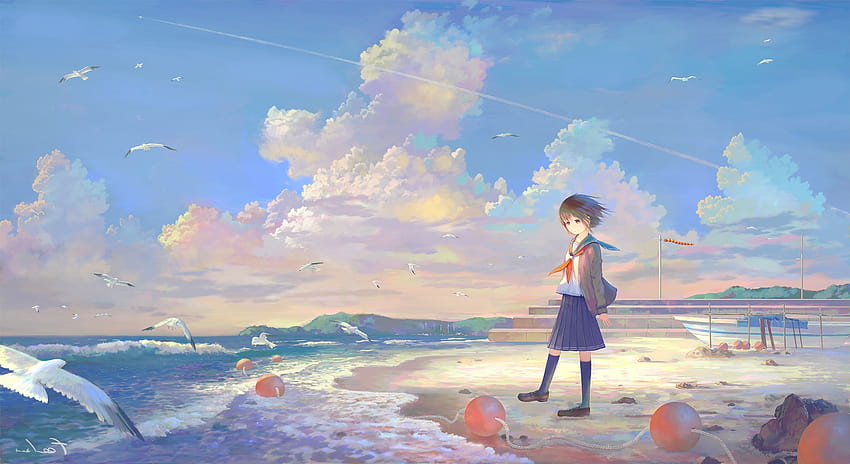 Clouds, Uniform, Seagulls, Relaxing, Anime School Girl, Sea, calming ...