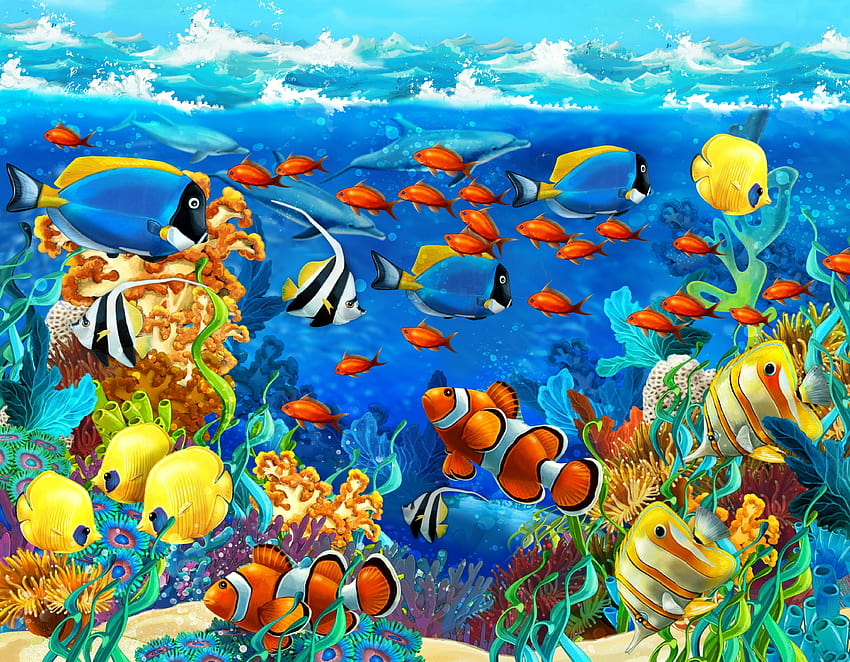 Delfin, morze, dno morskie, ryby, koralowce, podwodne, oceaniczne, ryby wodne Tapeta HD