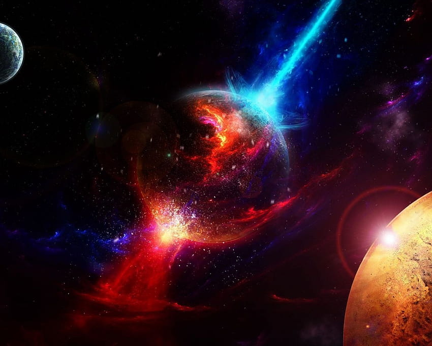 Planet in the red and blue galaxy Space, red galaxy HD wallpaper