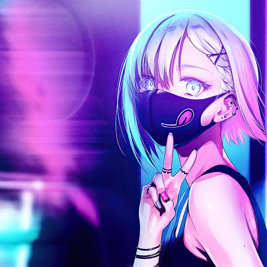 2932x2932 Anime Girl City Lights Neon Face Mask Ipad Pro Retina Display , Backgrounds, and, cute mask girl anime fondo de pantalla del teléfono