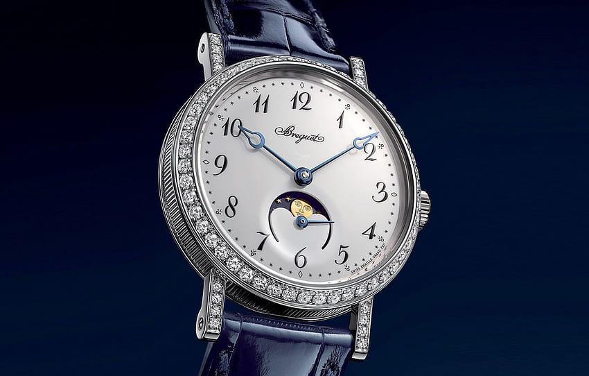 time, style, watch, rhinestones, dial, blue background, watches, ladies watch Breguet, the phases of the moon, breguet classic moon phase lady , section макро HD wallpaper