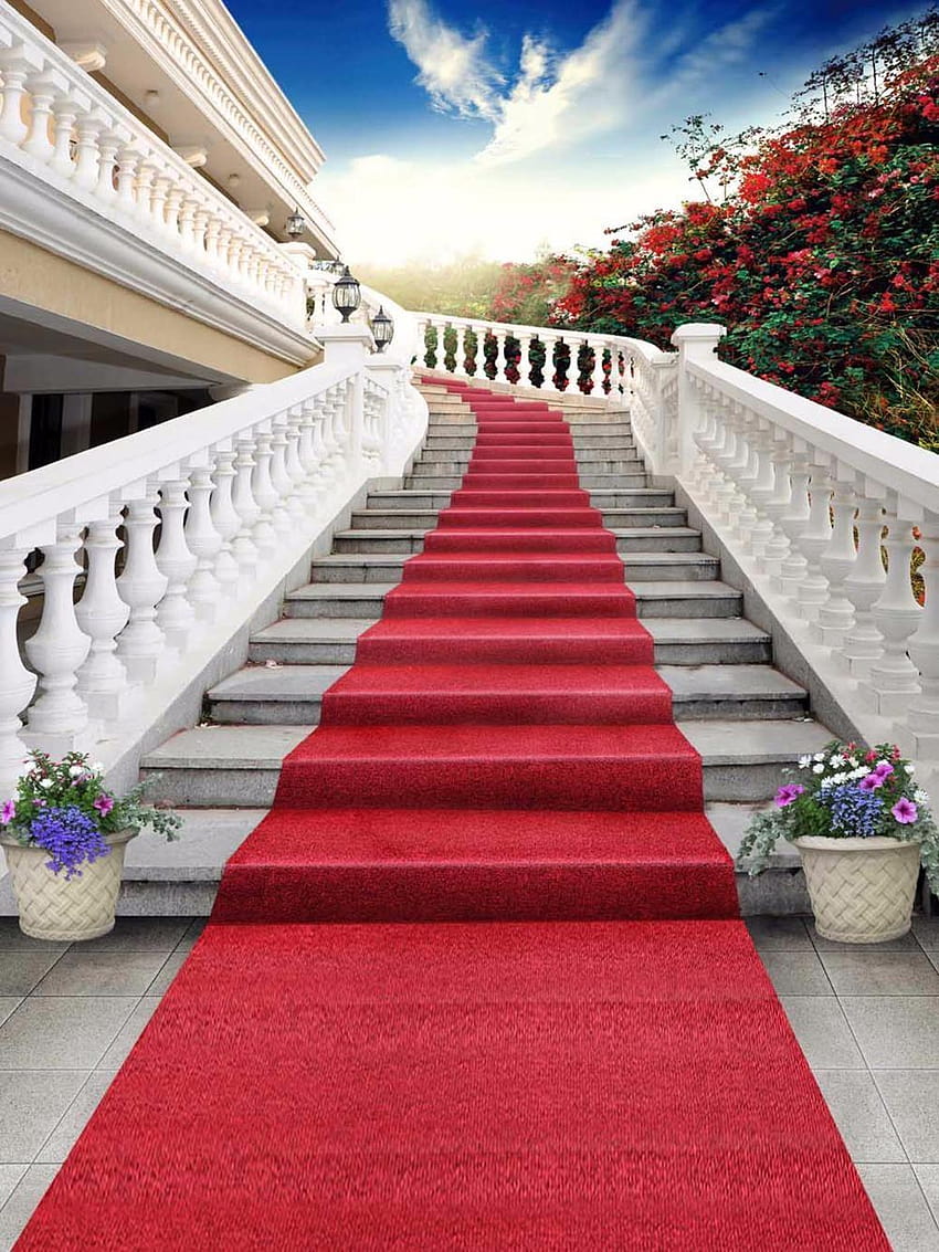 2018 Външно стълбище Сватбени фонове Червен килим Синьо небе Червено, фон на червен килим HD тапет за телефон