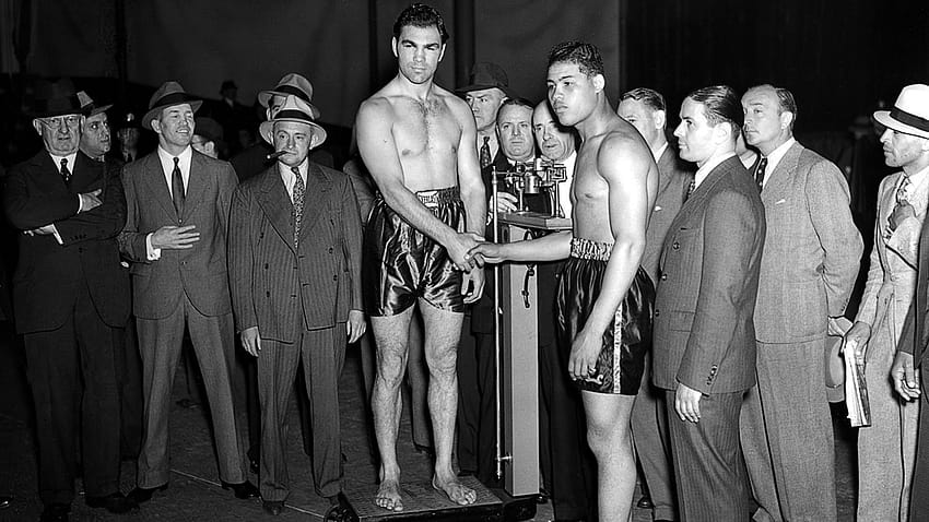 ジョー ルイス マックス シュメリング ボクシング レジェンド ハンドシェイク スーツ モノクローム 葉巻で重量を量る 1936 ドイツ アメリカ、 高画質の壁紙