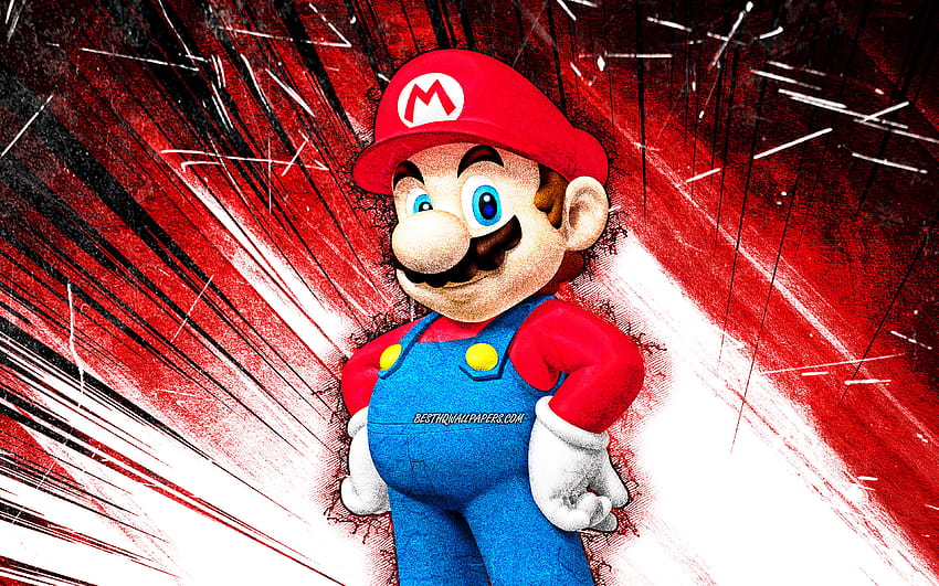 Mario, arte grunge, encanador de desenho animado, Super Mario, raios abstratos vermelhos, personagens de Super Mario, Super Mario Bros, Mario Super Mario com resolução 3840x2400. Alta qualidade, personagens papel de parede HD
