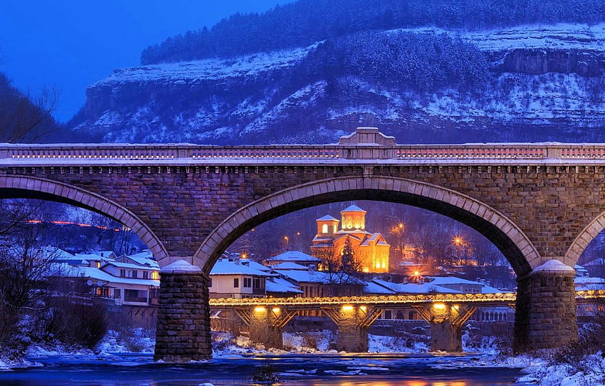 winter, mountains, bridge, lights, Church, Bulgaria, winter bulgaria HD wallpaper
