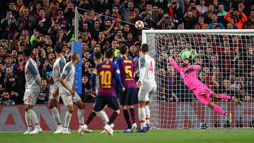 Leo Messi schickt einen brillanten Tritt in die obere Ecke in, Barcelona gegen Liverpool HD-Hintergrundbild