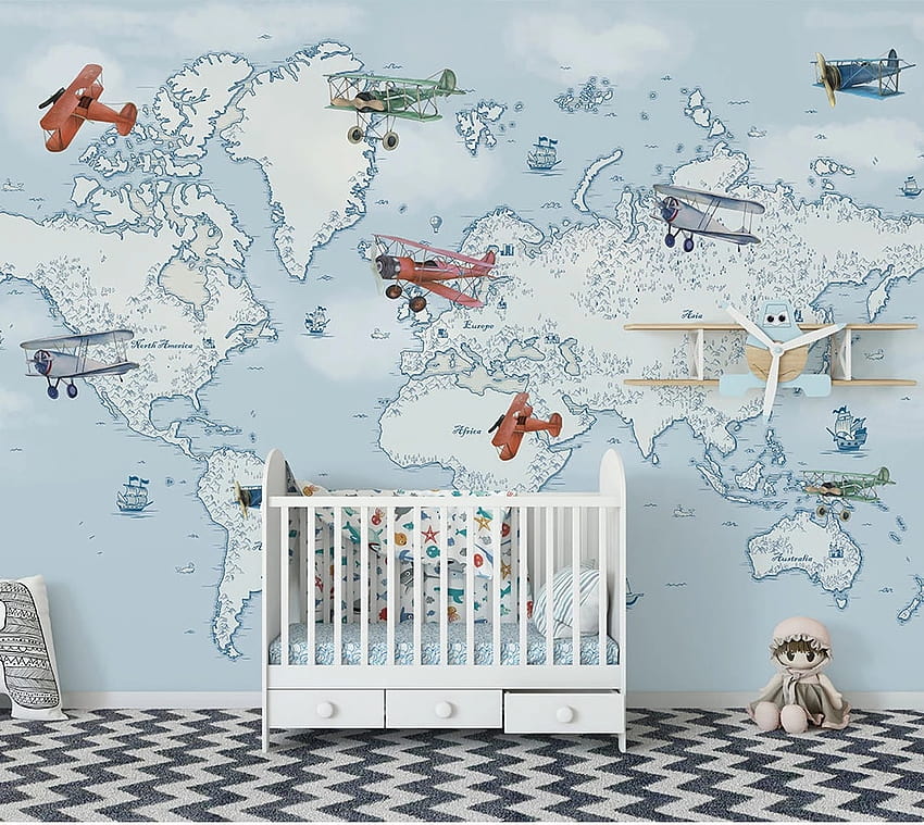 Bacaz Ocean Nautical Airplane World Map 3d Cartoon Mural for Kids Baby Child Room 3d Cartoon Mural Wall paper Stickers HD wallpaper