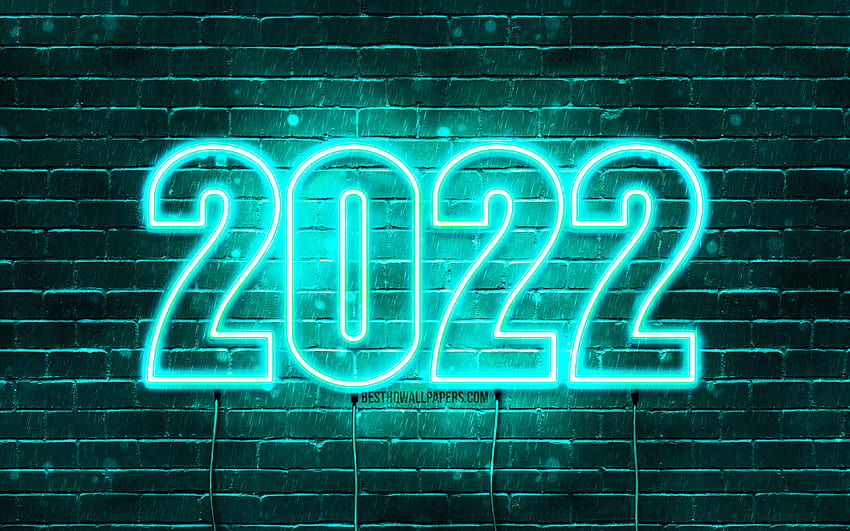 2022 turkusowe neonowe cyfry, Szczęśliwego Nowego Roku 2022, turkusowy mur, poziomy tekst, koncepcje 2022, przewody, 2022 nowy rok, 2022 na turkusowym tle, 2022 rok cyfry z rozdzielczością Tapeta HD